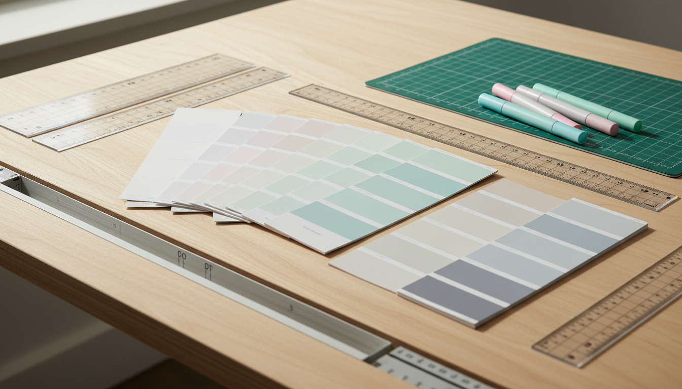 A collection of elegant swatches featuring pastel web design palettes—delicate blushes, sky blues, and seafoam greens—rest on top of a large, neutral-toned, architect’s drafting table. Clear acrylic rulers, a precision cutting mat, and highlighters border the swatches, emphasizing attention to detail and accuracy. Ambient daylight streams from the left, adding softness and subtle depth, while gentle shadows define the composition’s clean lines. Shot from a slightly elevated angle, the image displays a calm, professional mood underscored by sophisticated photographic realism. The image reinforces the concept of corporate, structured creativity fundamental to professional WordPress site design.